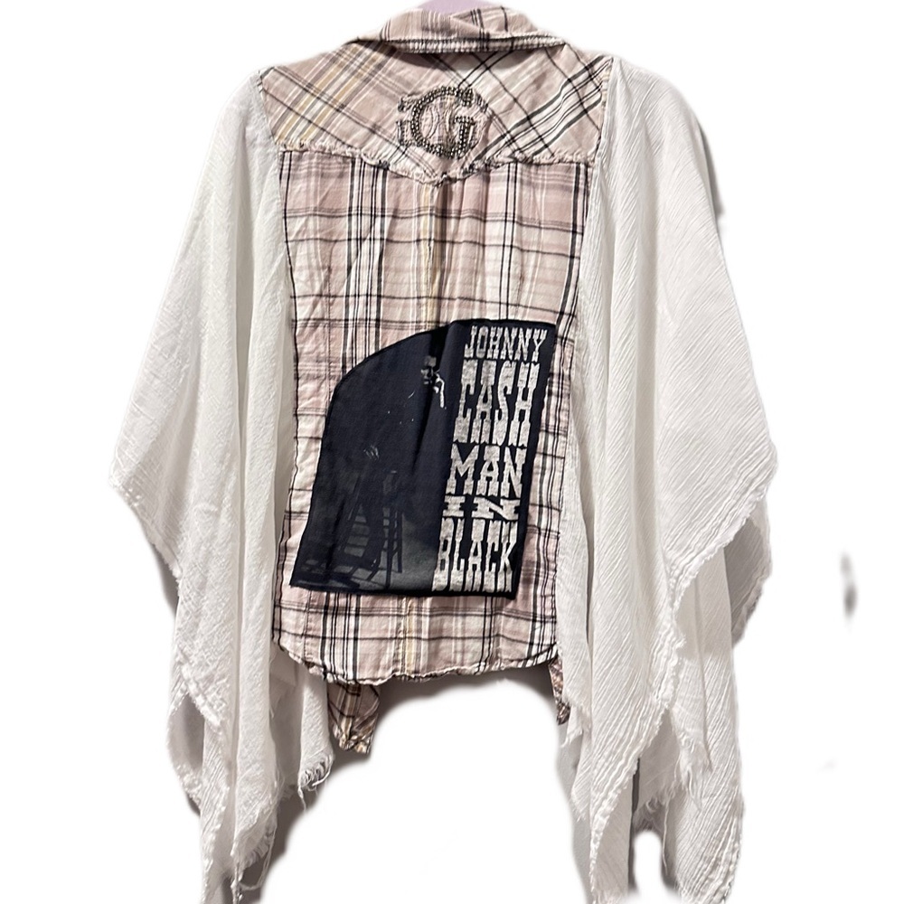 Johnny Cash poncho upcycle shear raw hem open sides.